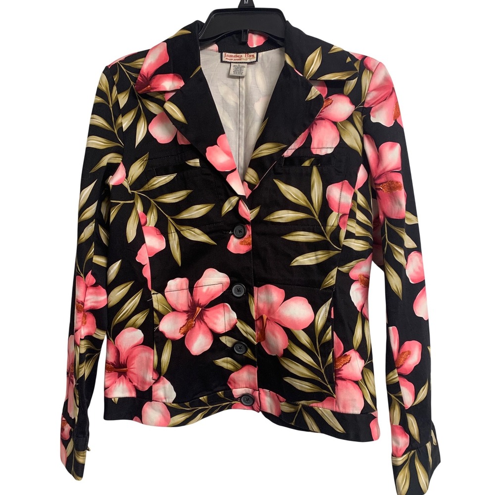 Jamaica Bay Small Tropical Hibiscus Floral Jacket Black Pink Cotton Blend